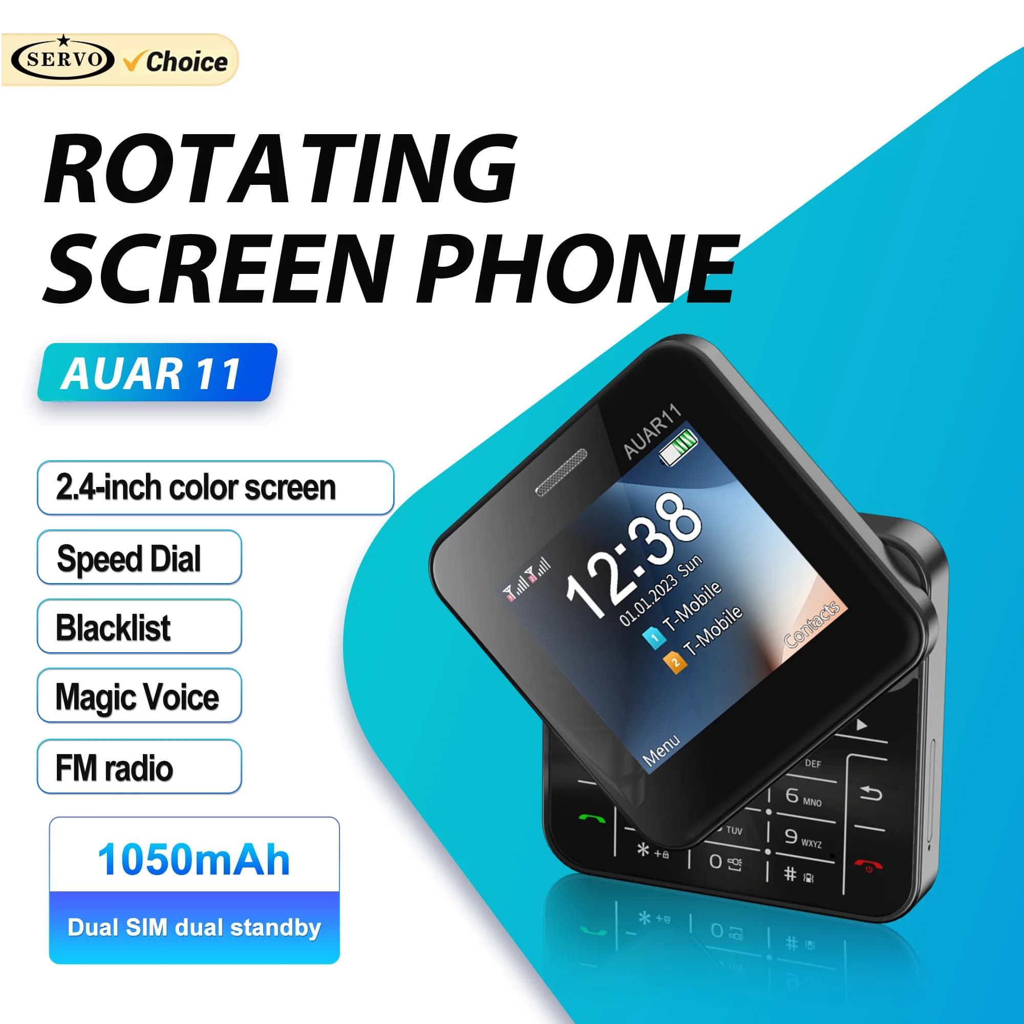SERVO AUAR11 Telefono cellulare 2G con scorrimento laterale 2 SIM Standby Magic Voice Speed Dial Torcia FM Schermo rotante da 2,4 pollici Cellulare carino
