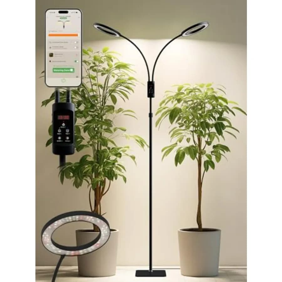 Lampada LED per Coltivazione Indoor 48W a Spettro Completo con Timer Automatico, Altezza Regolabile, Dimmerazione Continua, Nera, Doppia Testa, Adatta per Piante da Interno