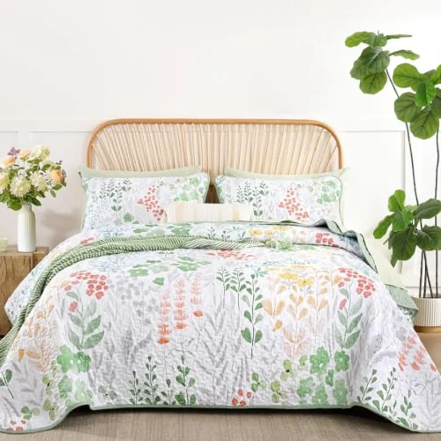 Set Copriletto Floreale 3 Pezzi, Trapunta Morbida e Confortevole in Microfibra Leggera, Copriletto con Motivi Floreali