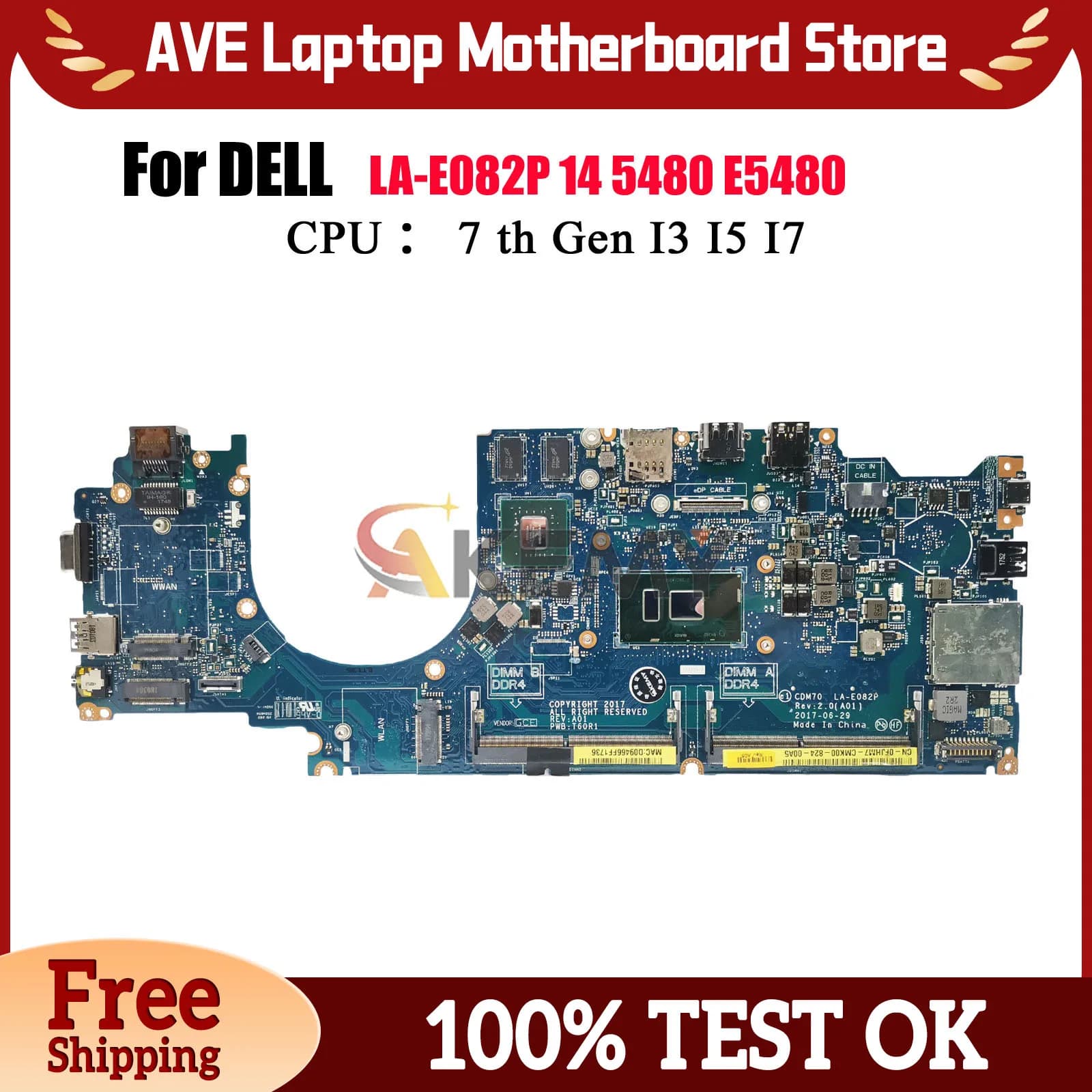 Per DELL Latitude 5480 E5480 Scheda madre del notebook LA-E082P con CPU i5 i7-6th/7th Gen V2G CN-0YYRGW 0XDPDM Testato al 100% OK