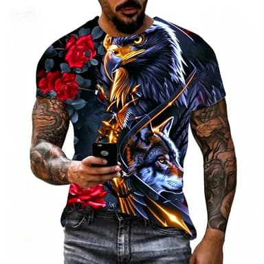 T-shirt con stampa aquila e serpente, ampia, traspirante, alla moda, a maniche corte da uomo
