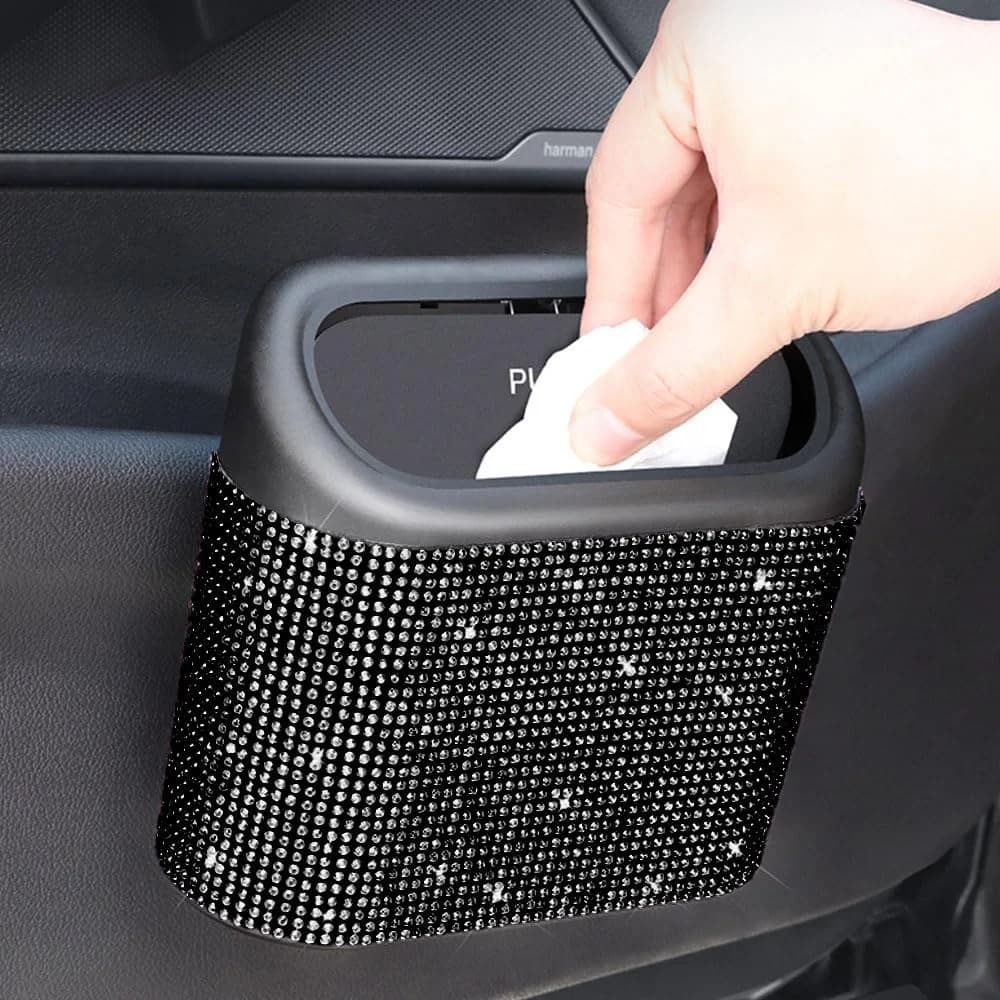 Pattumiera per auto tempestata di strass artificiali con 60 sacchetti per immondizia speciali, scatola portaoggetti sospesa per interni auto con pattumiera con coperchio automatico, accessori per auto multifunzionali