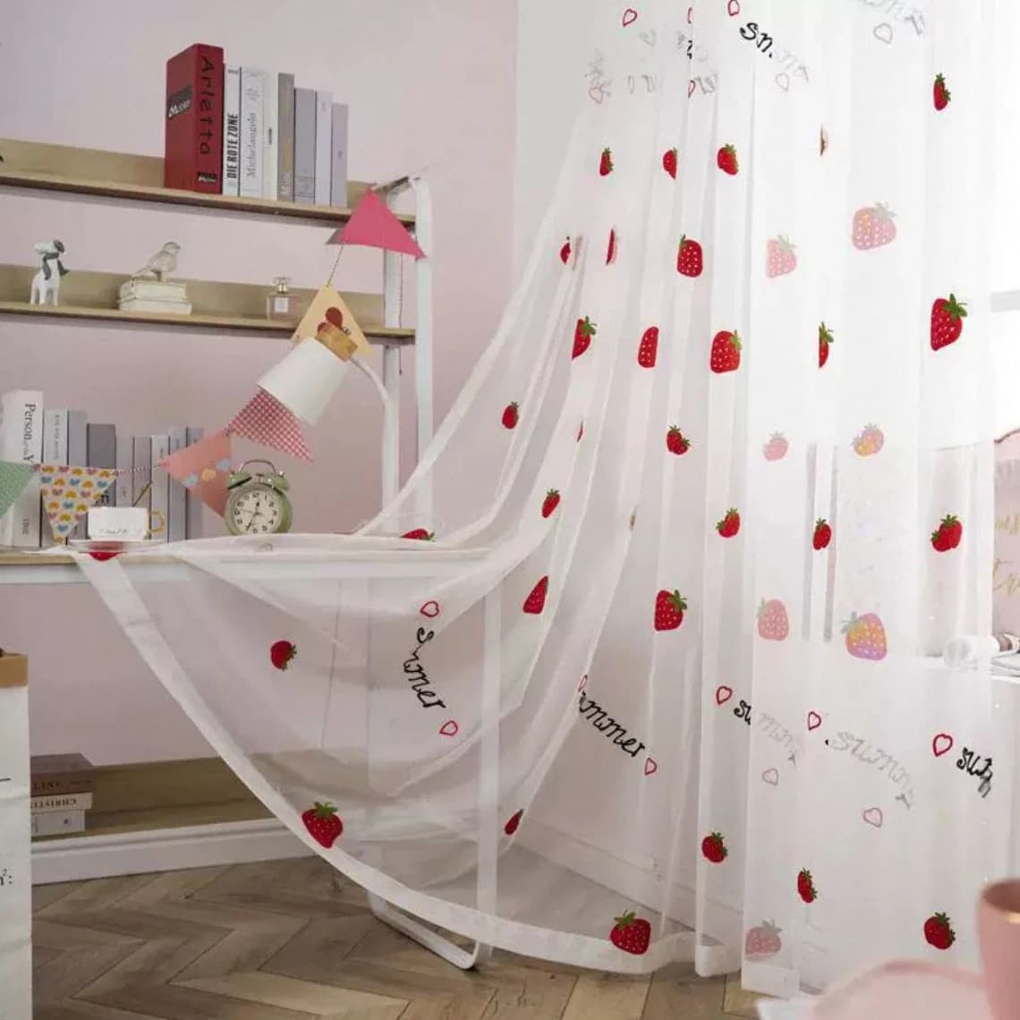 1PC Cartoon Sweet Strawberry Embroidered Sheet Curtain For Girls Room Cute Fruit White Transparent Sheer Drapes Blinds