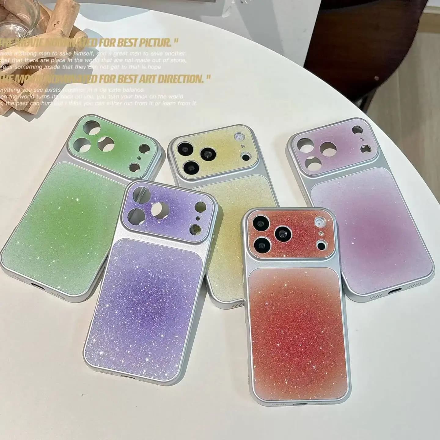 Gradient Glitter Phone Case For iPhone 17 Pro Max 16 15 14 Plus 13 12 Air Large Window Crystal Lens Cover Girly Fashion Design