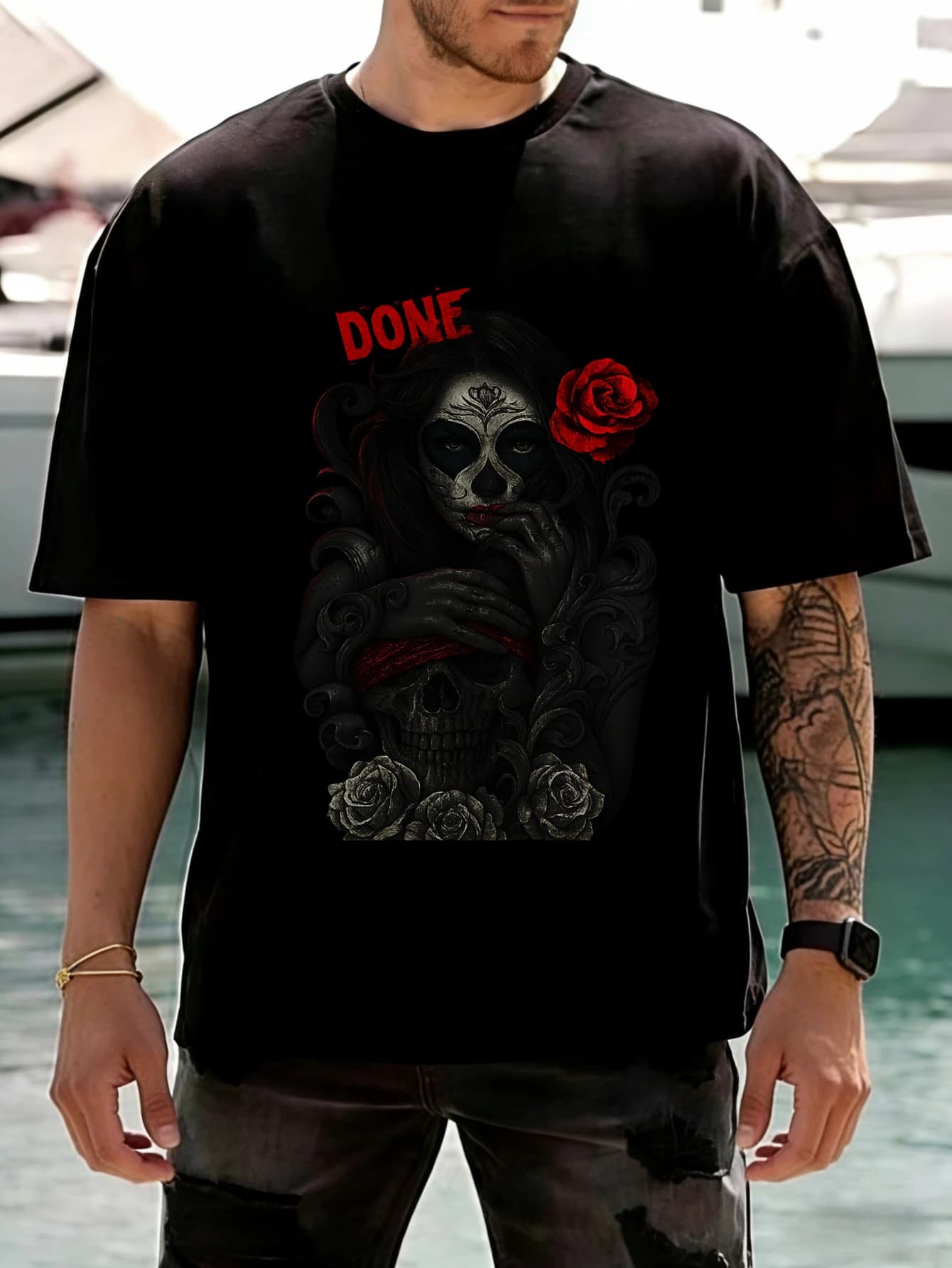 T-Shirt Oversize da Uomo in Cotone con Stampa Grafica Teschio e Rosa Rossa, Manica Corta, Casual Estiva
