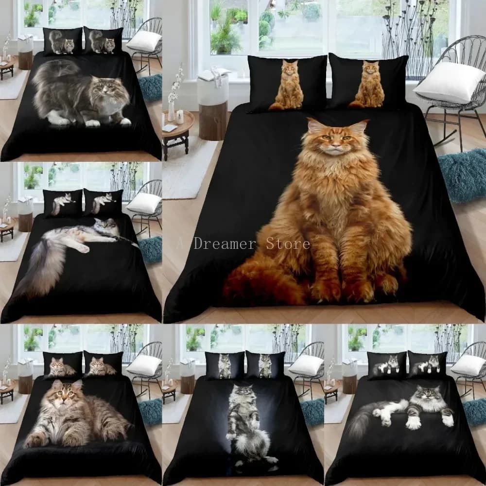 Set di biancheria da letto 3D Set di copripiumini con stampa di gatti carini Set di copripiumini neri Copripiumino con animali divertenti Federa King Queen