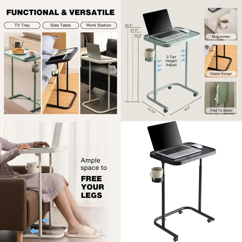 Tavolino TV Regolabile in Metallo con Ruote, Tavolino Laterale, Scrivania per Laptop, Supporto Portatile per Letto e Divano (Antracite)