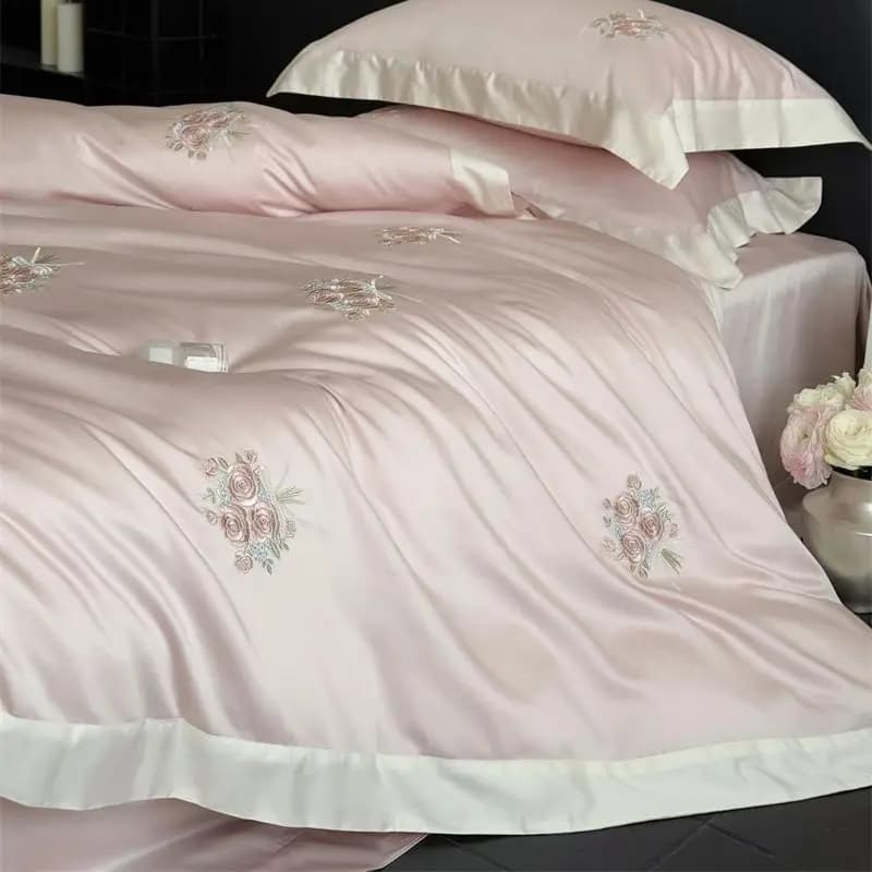 1000TC Egyptian Cotton Rose Flowers Embroidery Pink Blue Set Bed linen Princess Copripiumino Flat/with corners Load 4 pieces