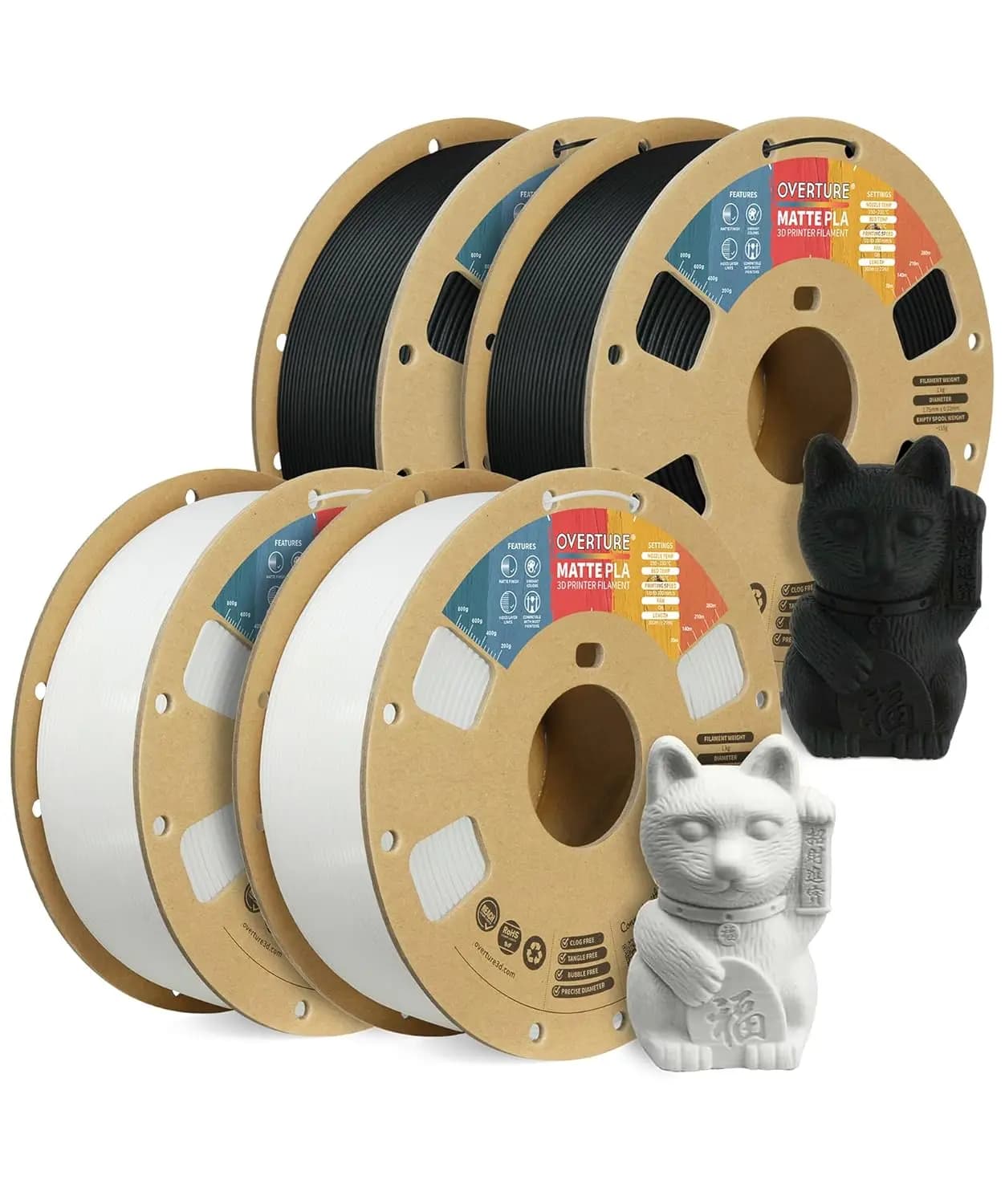PLA Filament Opaco for 3D Printer, 4KG, 1.75mm, Low Extension, Compatible with Most FDM Printers (2 Black + 2 White)