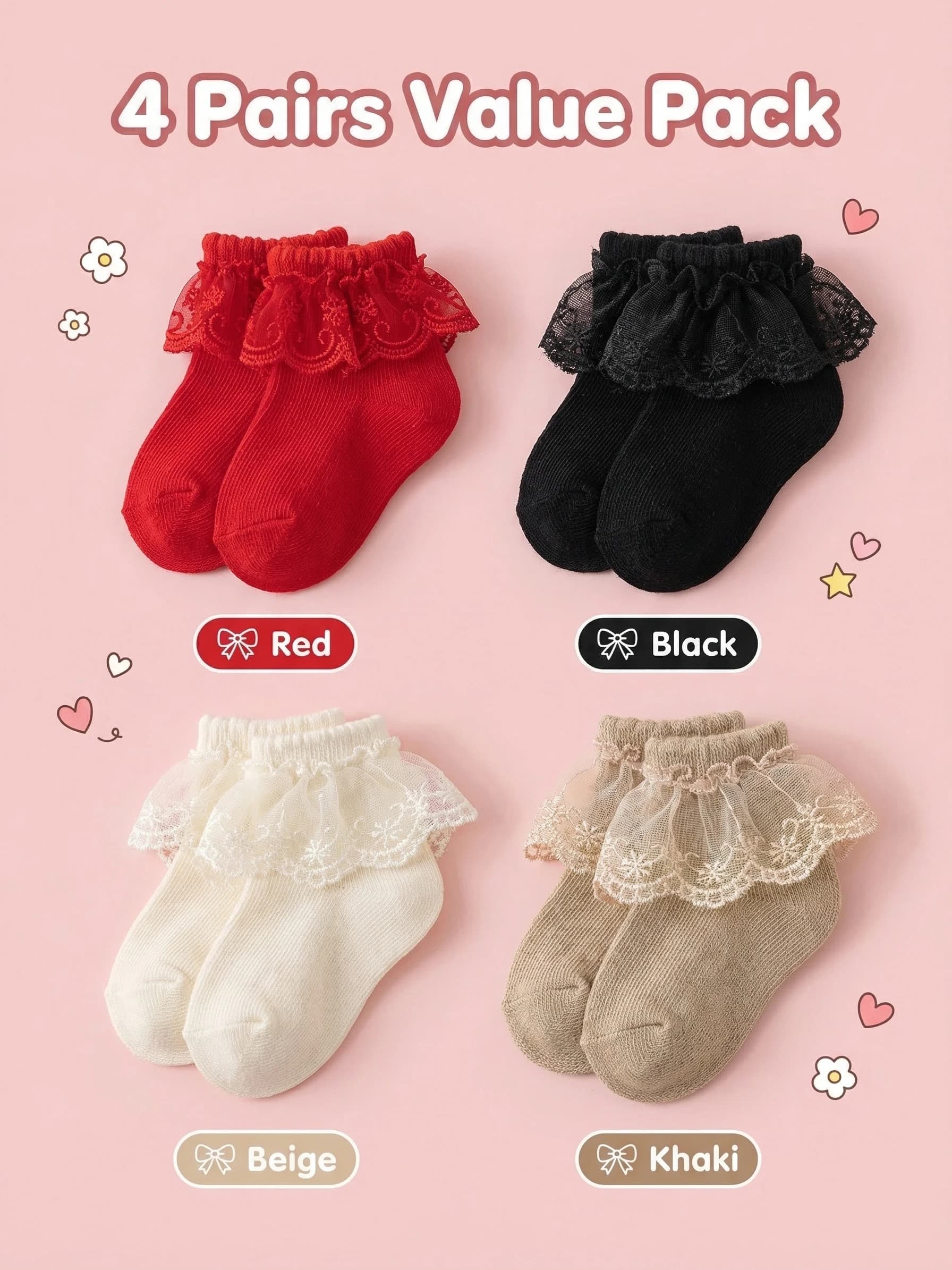 4 pairs of lace stockings for baby girls, newborn baby socks, princess socks, comfortable and cute short socks that can be worn all year round
