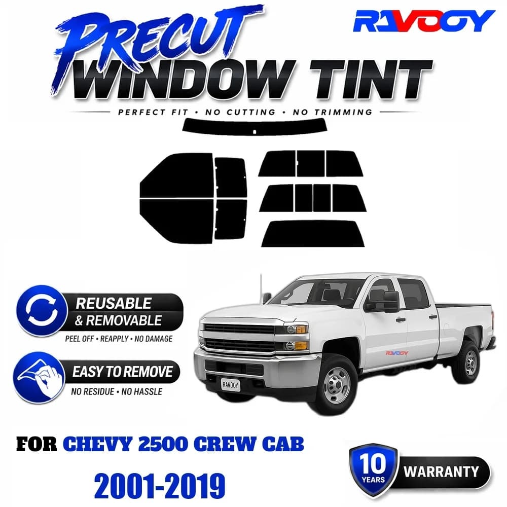 RAVOOY Precut Window Tint, Reusable Removable EPU Film, Custom Fit for Chevy 2500 Crew Cab 2001-2019, UV Heat Protection