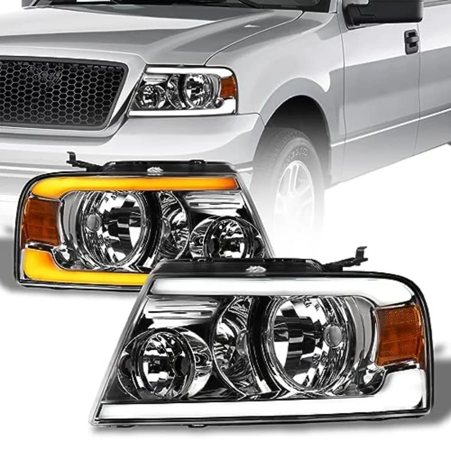 642167827467 Compatible with F150 2004-2008 and Mark LT 2006-2008, Sequential LED Headlights with Bright Strip, Chrome Amber Signal