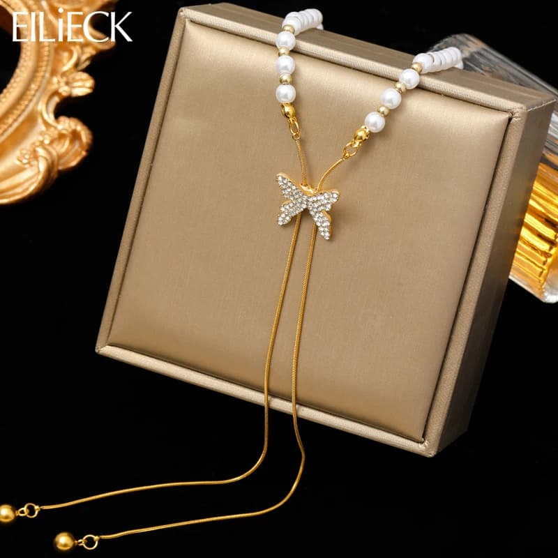 EILIECK 316L Stainless Steel Butterfly Pearl Long Pendant Necklace For Women Fashion Choker Clavicle Chain Waterpro Jewelry Gift
