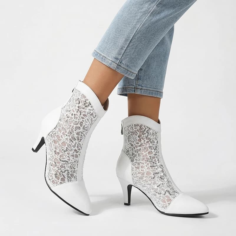 Plus Size Hollow Lace Fabric Splicing PU Pointed High Fine Heel Back Zipper Sexy Summer Cool Short Boots Breathable Socks Shoes