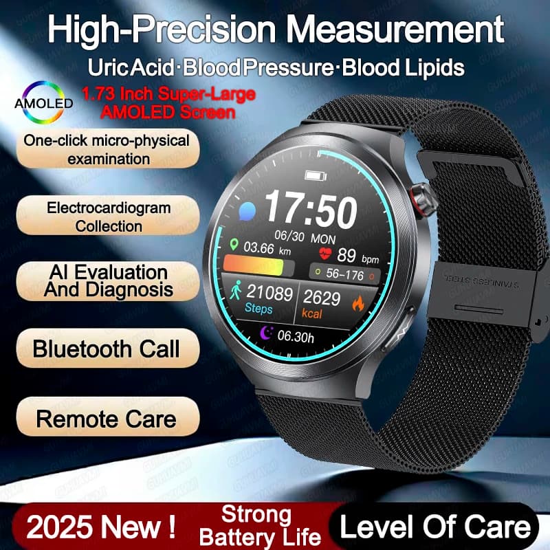 2025New For Android iOS AI Nursing Grade ECG Watch Smart + PPG Blood Pressure Urico Acid HD BT Call Healthy Bracelet Men Women
