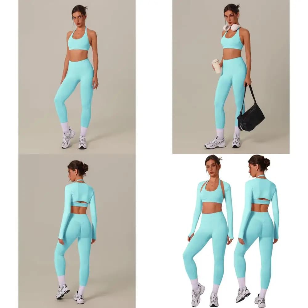 Set da allenamento in 3 pezzi per donna, reggiseno sportivo senza cuciture, leggings a vita alta, maglia a maniche lunghe, abbigliamento da palestra e yoga.