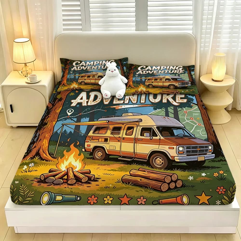 Set Estivo di 3 Pezzi con Stampa Tenda da Campeggio, Lenzuola Senza Anima, Multi-Misura, Morbide e Confortevoli, Decorazione per la Camera da Letto, Lavabili in Lavatrice