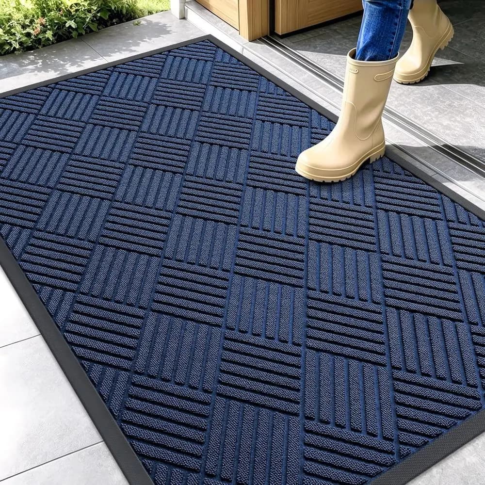 Tappetino per Porta in Gomma Naturale Resistente 47x32 Pollici - Assorbente, Robusto, Antimacchia, Antiscivolo, Blu Navy con Motivo a Diamante per Interni