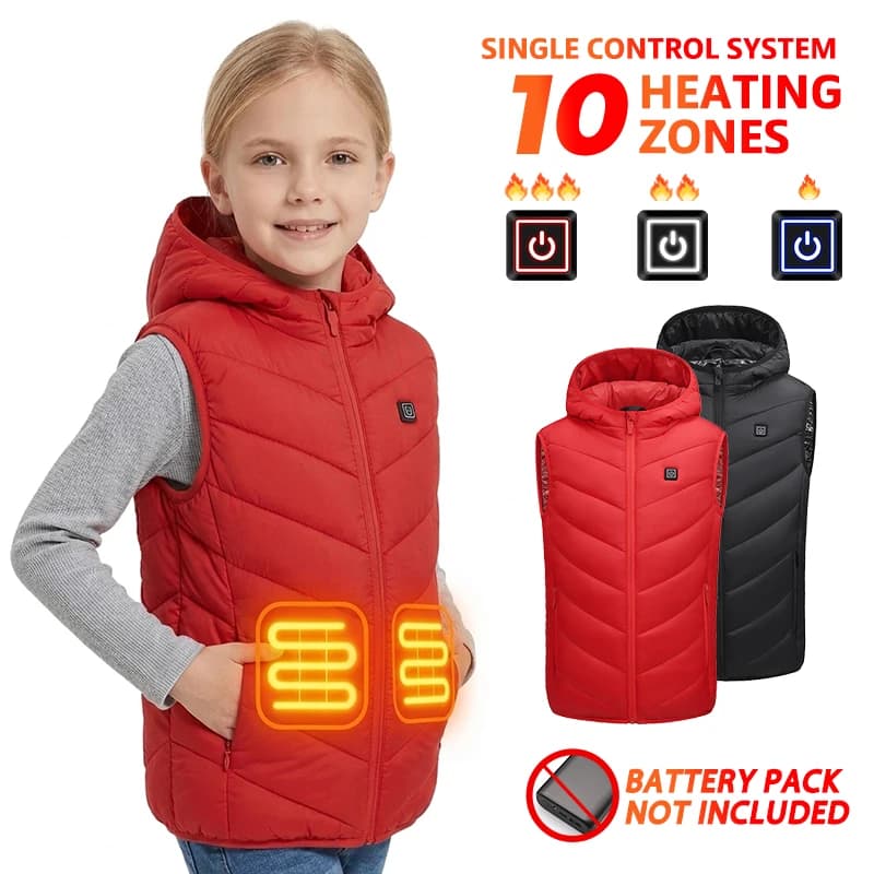 Kids Heated Vest 10 Zones USB Electric Heated Jacket Liner Hooded Waistcoat Winter Warm Thermal Outerwear For School Outdoor
