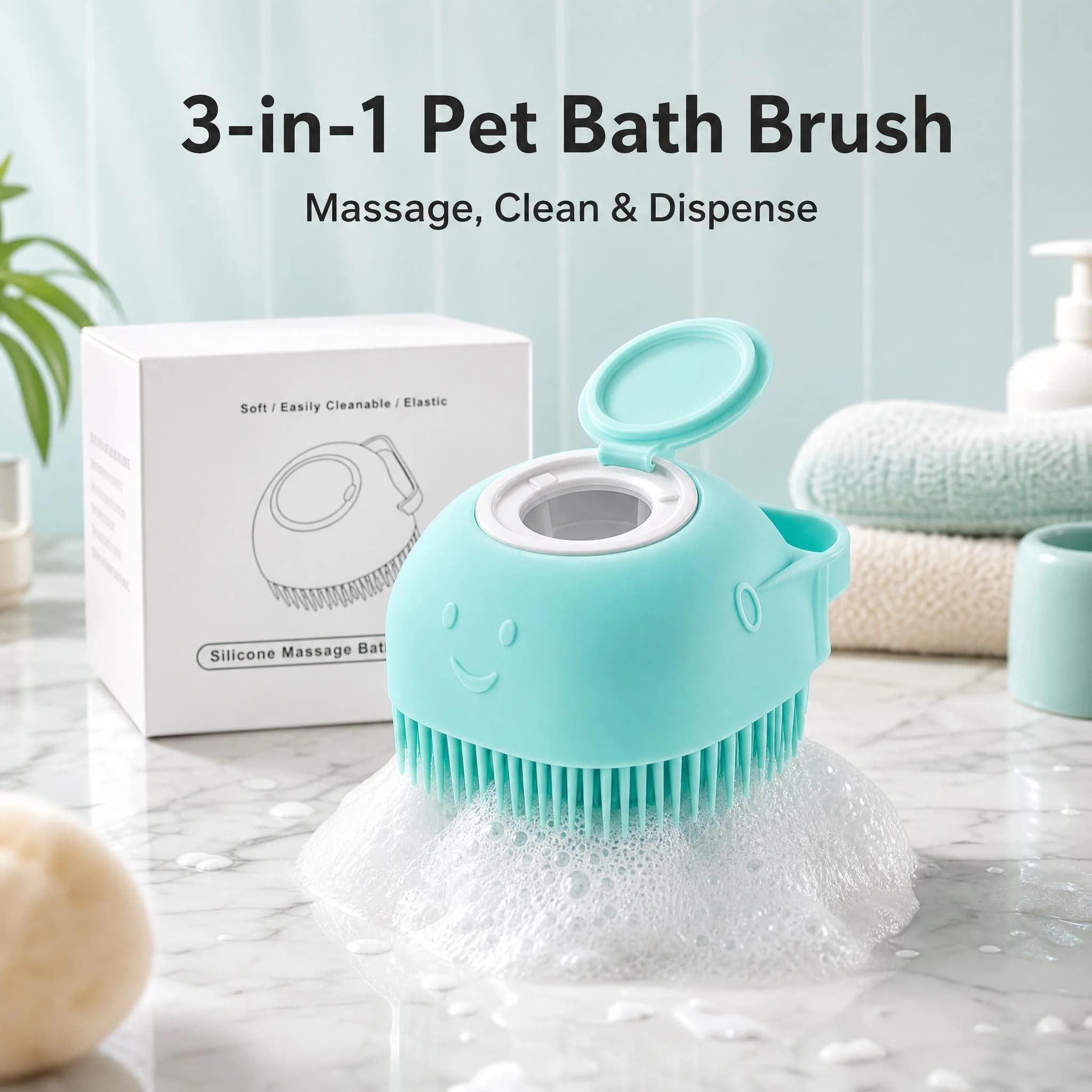 Soft Silicone Dog Cat Bath Brush with Shampoo Box Easy Foam Massage Comb Portable Pet Washing Cleaning Tool