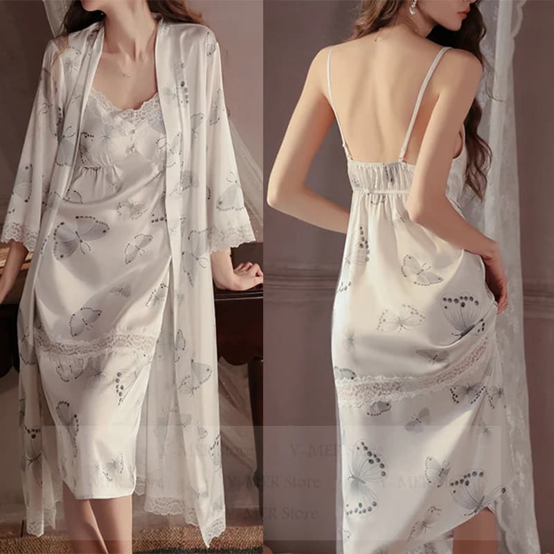Abito da donna con stampa in raso Abito da donna sexy con finiture in pizzo Kimono Camicia da notte lunga Autunno Primavera Nuovo accappatoio Intimo Lingerie Homewear