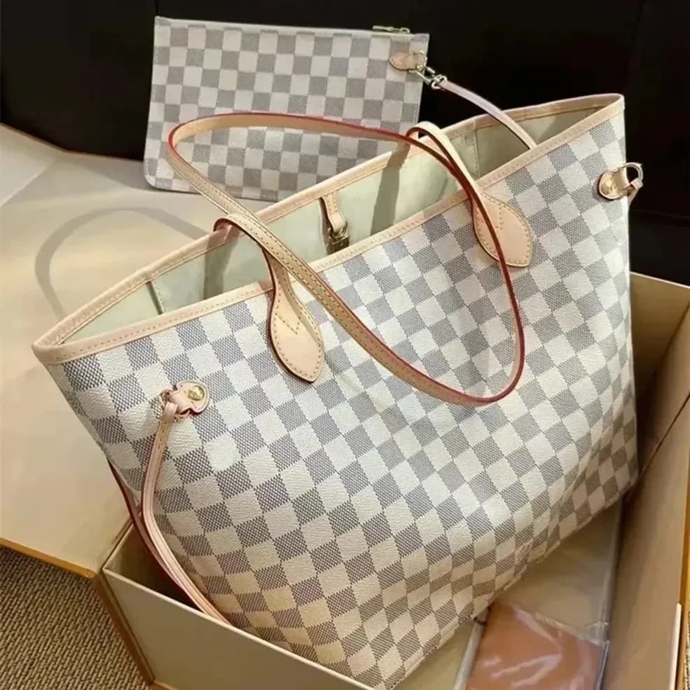 Borsa a tracolla da donna di lusso firmata 2-in-1 M40156/ classica in pelle bianca a griglia con pochette staccabile con cerniera, porta chiavi, per feste e viaggi