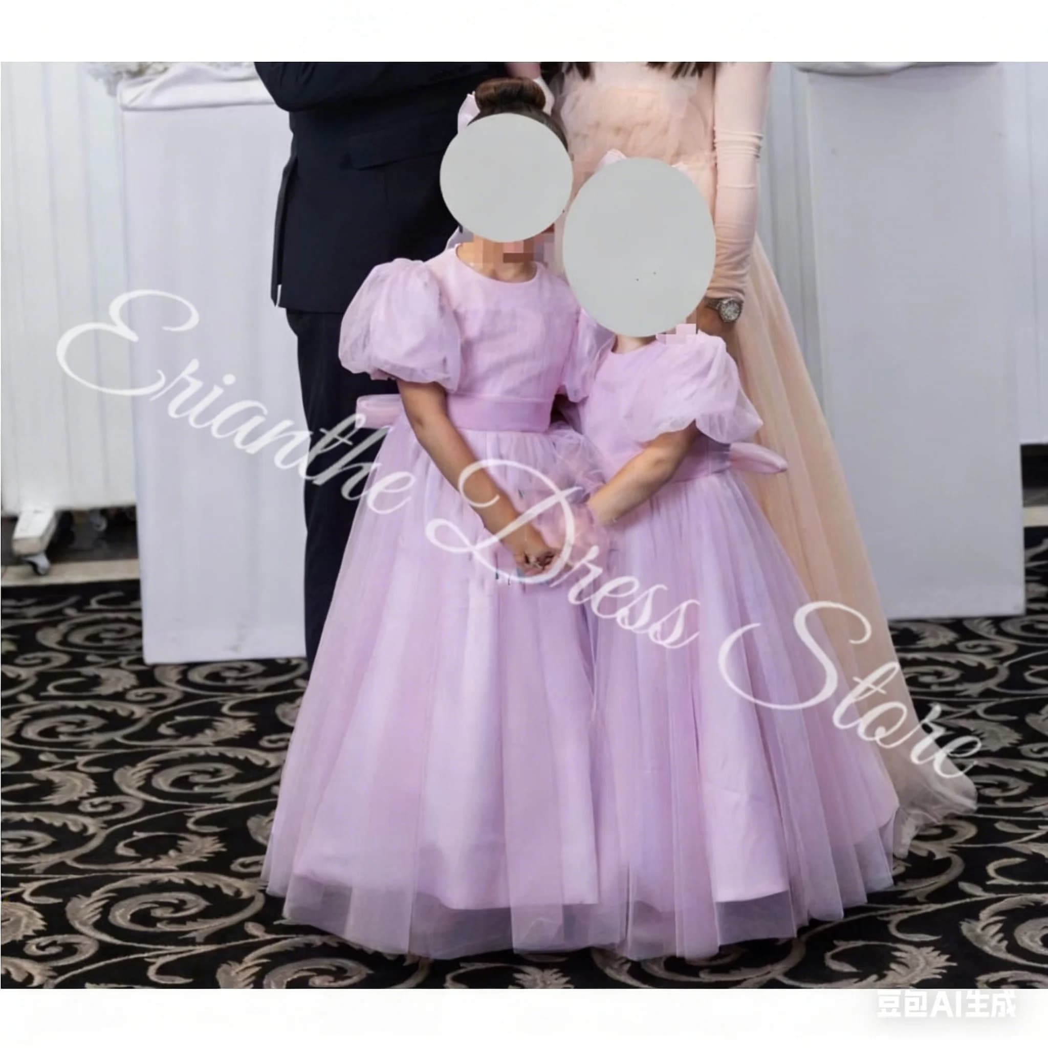 Abito da ragazza di fiore rosa semplicemente personalizzato per abiti da ballo da prima comunione per feste di compleanno per bambini in tulle di pizzo con maniche a sbuffo