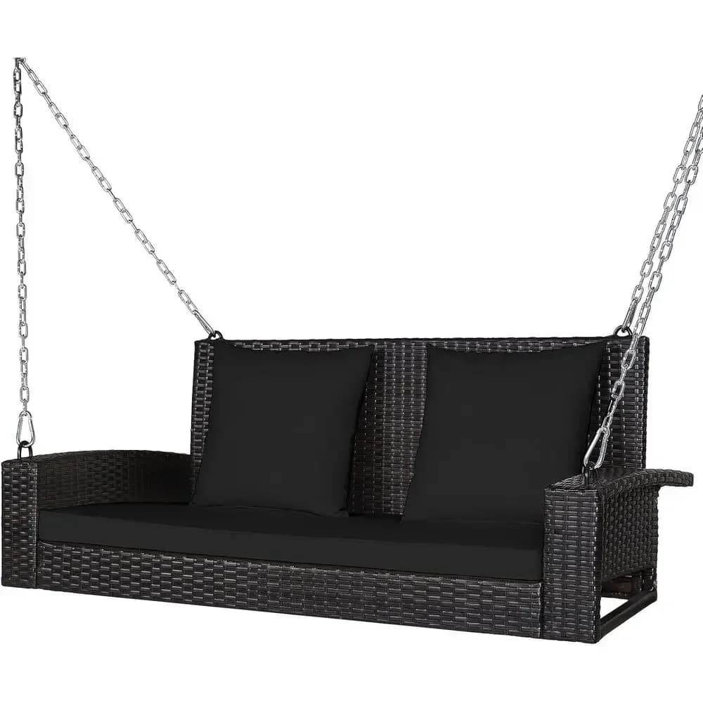 2-Person Wicker Swing Chair with Cushions, Suitable for Outdoor Use, Black