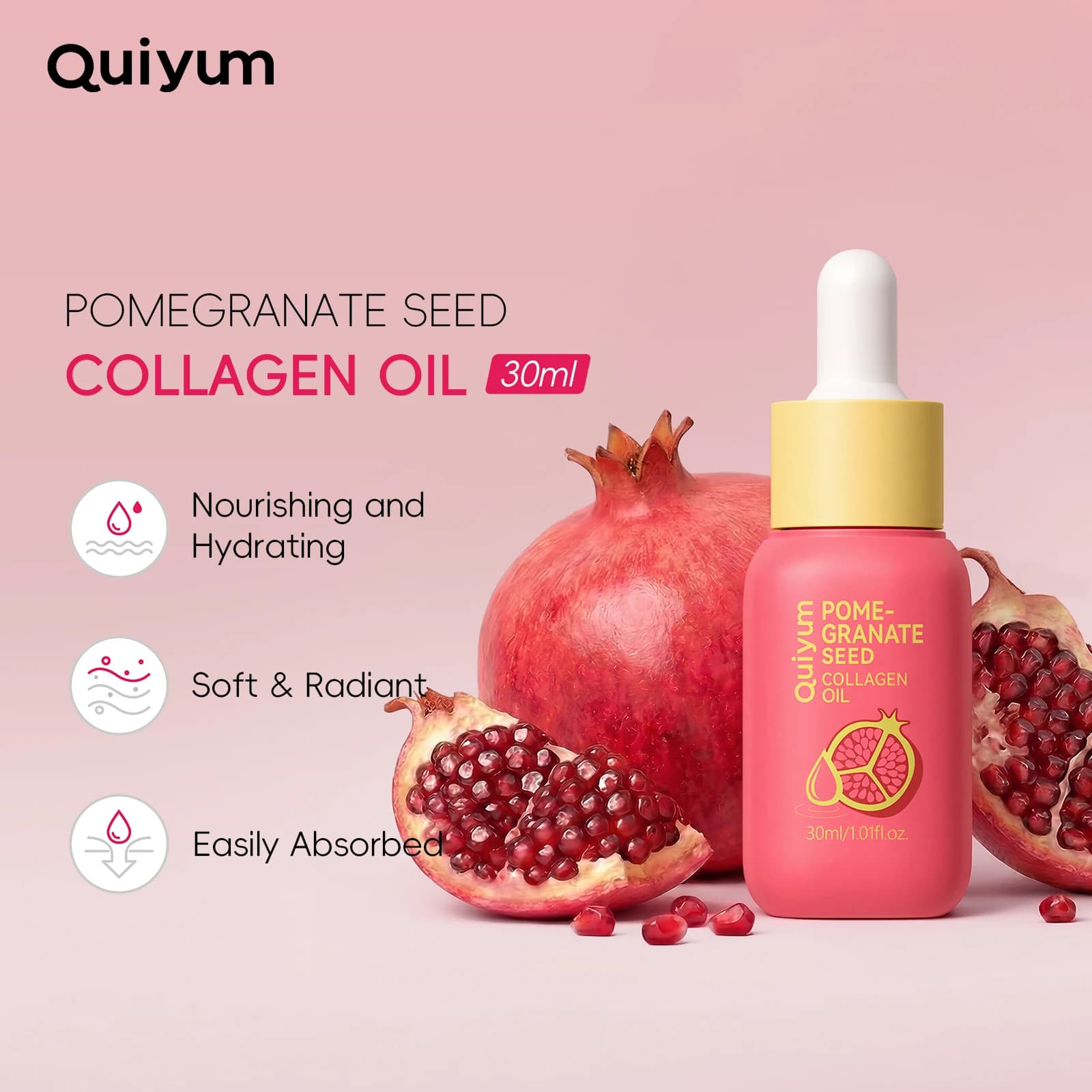 Quiyum Pomegranate Seed Collagen Oil 30ml Multipurpose Facial Body Oil Easily Absorbed Nourishing Hydrating for All Skin Types