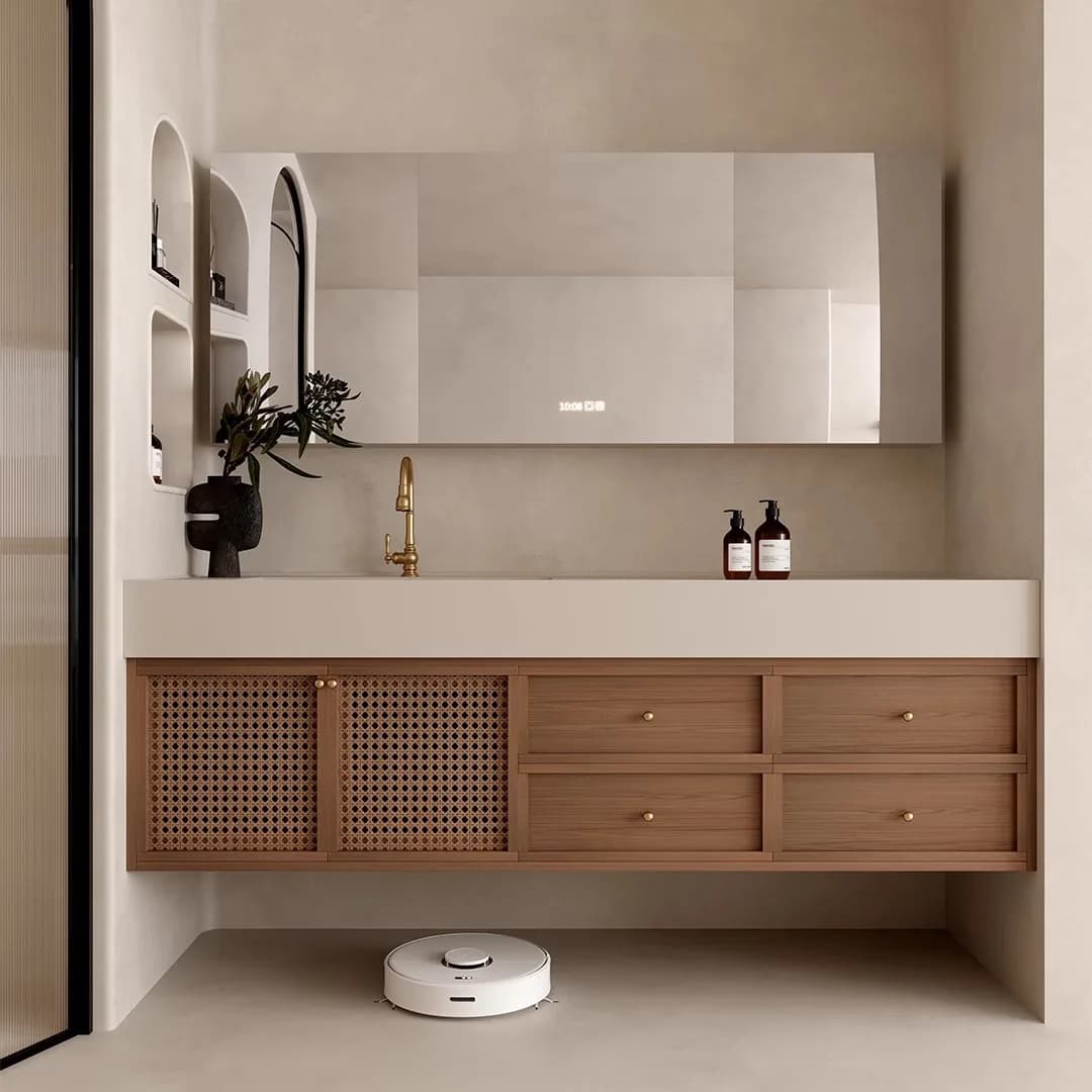 2024 Nuovo set di armadietti per illuminazione da bagno galleggianti in legno stile con lavandino a specchio, bagno a specchio a LED