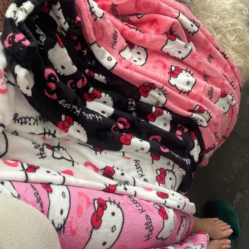 Womens Cute Comfortable Cartoon Hello Kitty Wide Leg Pants All-Over Cartoon Print, Cozy Fluffy Trousers for Cold Weather