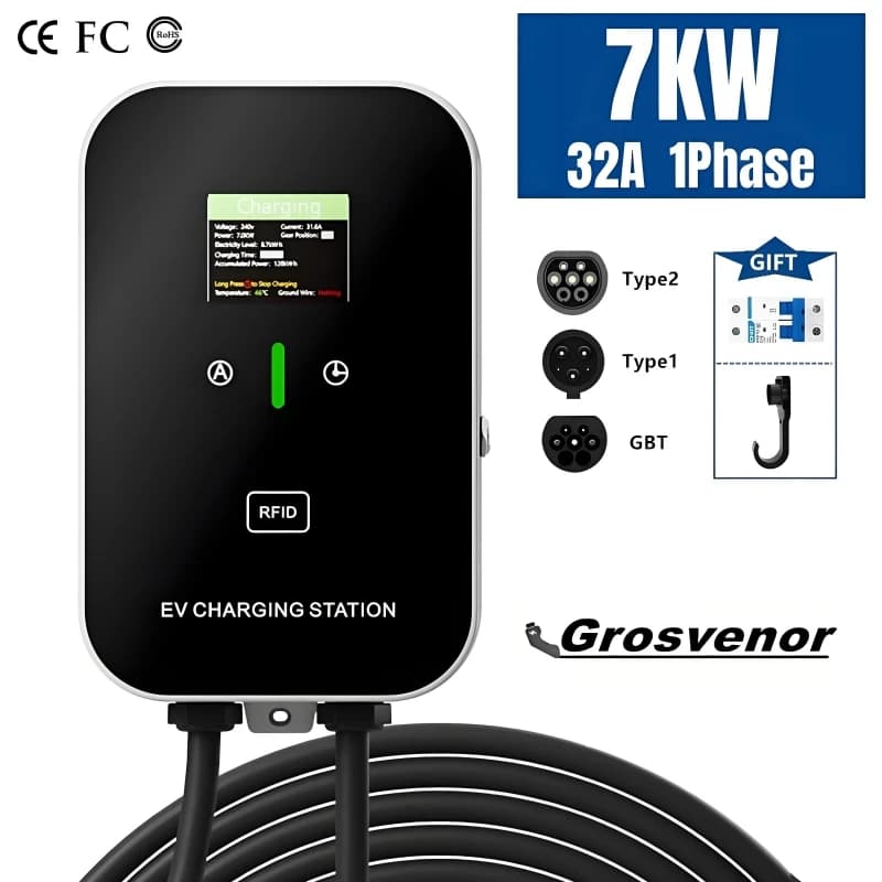 Nuovo Caricatore per Veicoli Elettrici da 7KW Tipo 2, Stazione di Ricarica EV 32A, Wallbox EVSE Tipo 1 GBT Monofase con Schermo e Lettore Schede
