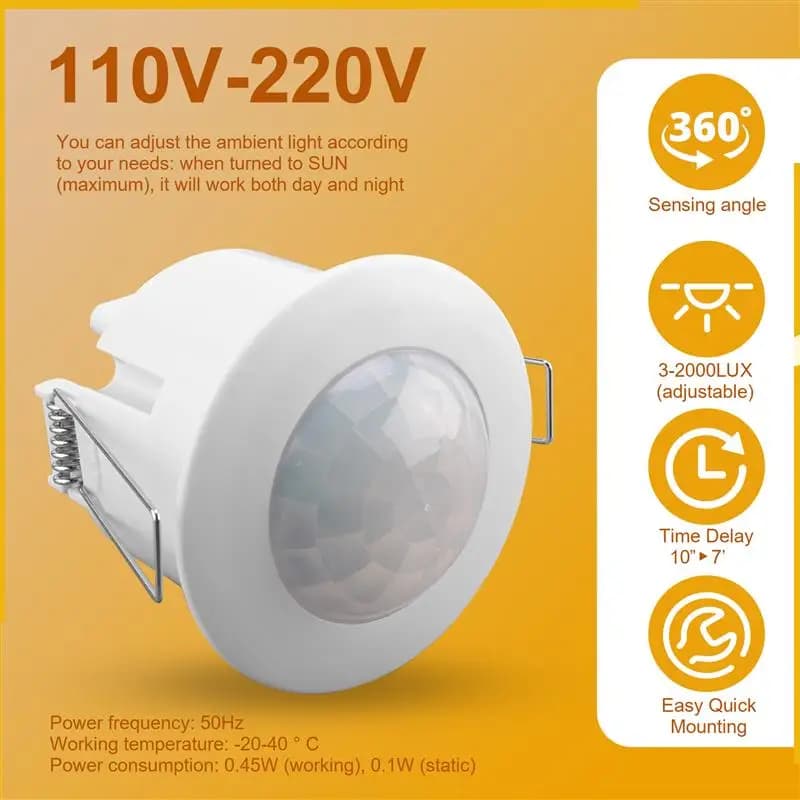A92P 110V-220V 360 ° Interruttore della luce del rilevatore del sensore di movimento a soffitto PIR da incasso a infrarossi, sensore della luce di movimento