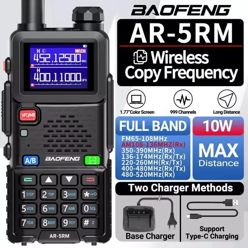 Baofeng AR-5RM Walkie Talkie a banda aerea ad alta potenza da 10 W AM FM 65-520 MHz NOAA Radioamatore a lungo raggio e radio bidirezionale a 6 bande di frequenza