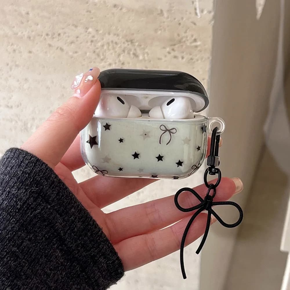 TPU headphone case with simple style transparent star pattern for Apple AirPods 2 3 4 Pro 2 Silicone protective case Bowknot pendant black