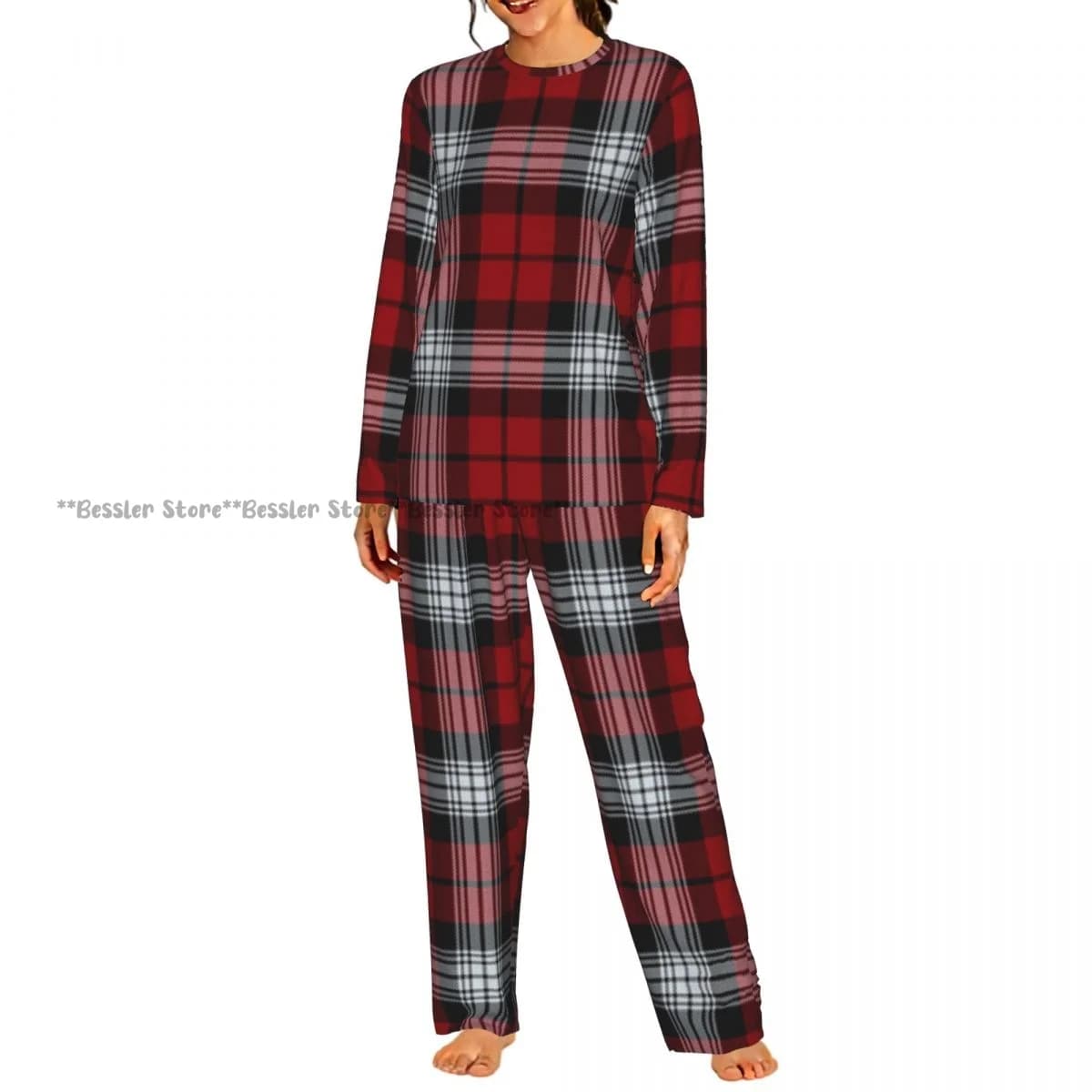 Women Round Neck Pajama Suit Long Sleeve Tops Long Pants Tartan Plaid Ladies Nightwear Home Outfit
