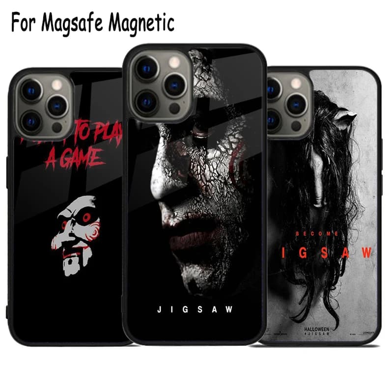 Custodia per telefono con ricarica wireless Jigsaw Saw per iPhone 17 Air 15 16 16e 14 13 11 12 Pro Max Plus, cover magnetica Magsafe con paraurti
