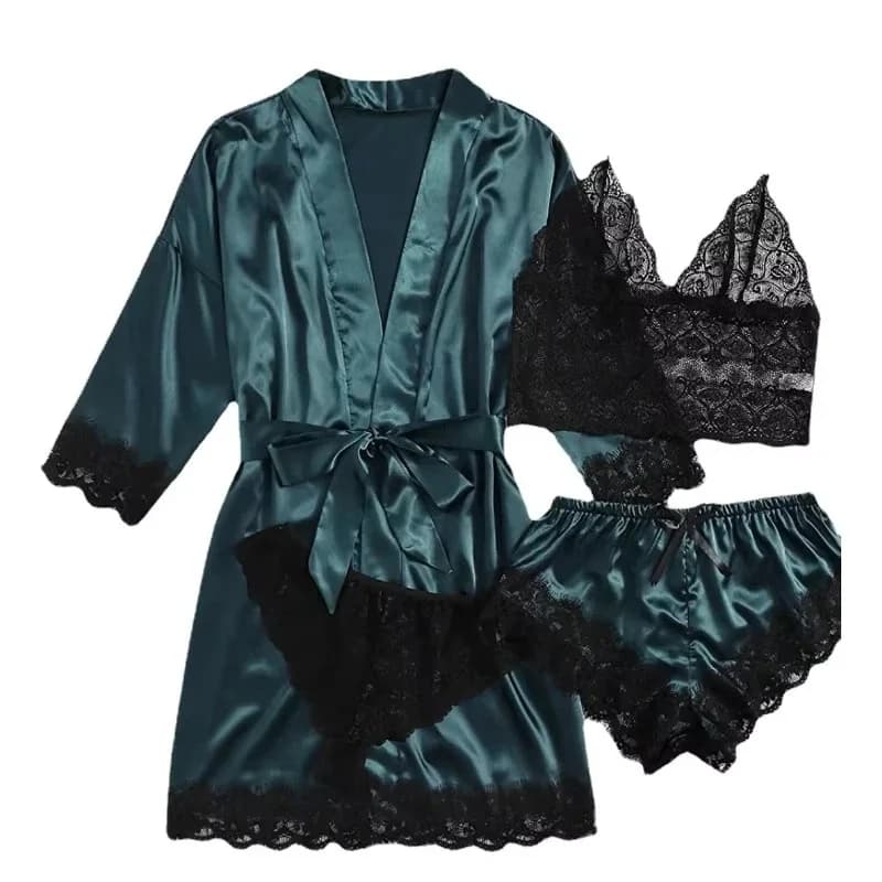 2025New Pigiama da donna Moda Set da 4 pezzi Cinturino in raso di pizzo Set pigiama sexy Abito Gonna pigiama casual comoda e delicata sulla pelle