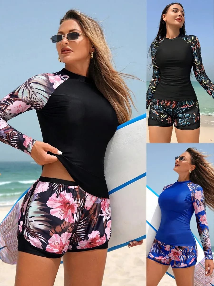 Tankini Y2K da donna a maniche lunghe, top corto con stampa floreale, set tankini a collo alto, pantaloncini base, costume da bagno due pezzi