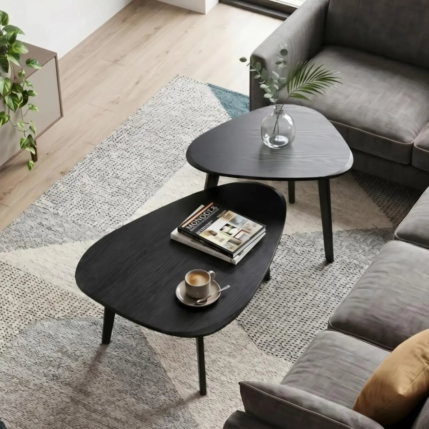 Nesting Coffee Table Set of 2-Mid Century Modern Coffee Table | Guitar Pick Stacking Tables with Solid Wood Legs,Small Coffee