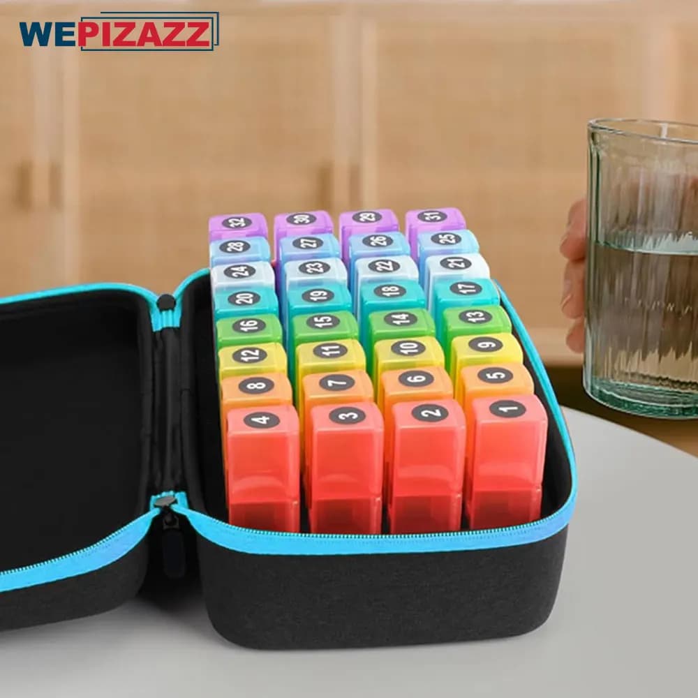 Travel bag holder, monthly medicine organizer with 32 daily compartments for vitamins, fish oil and supplements