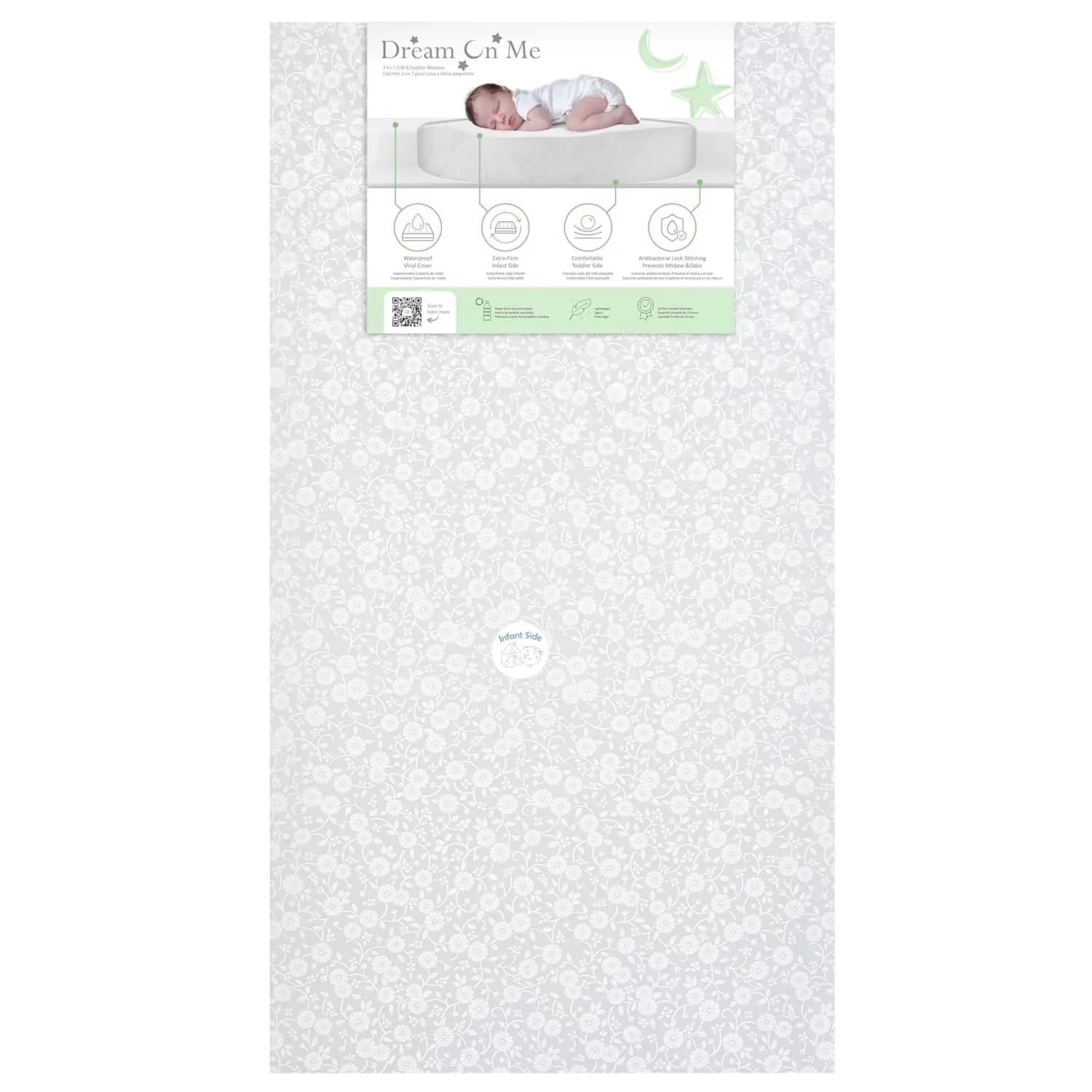 Rigid fiber orthopaedic mattress for baby cot and bed, certified Greenguard Gold, waterproof vinyl coating, bifacial, grey