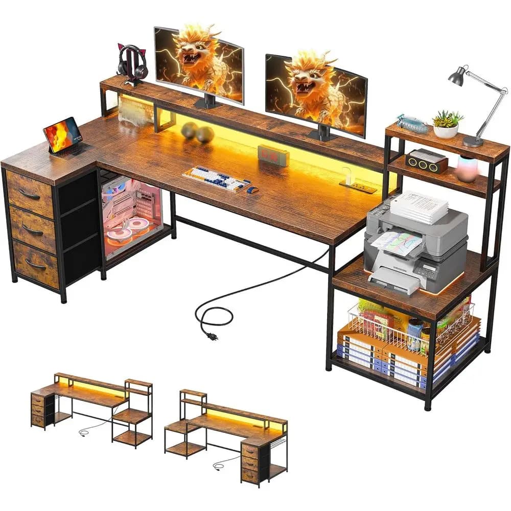 Scrivania a L con 3 cassetti, illuminazione LED per gaming, presa di corrente, supporto per monitor, ripiano per stampante - Marrone rustico