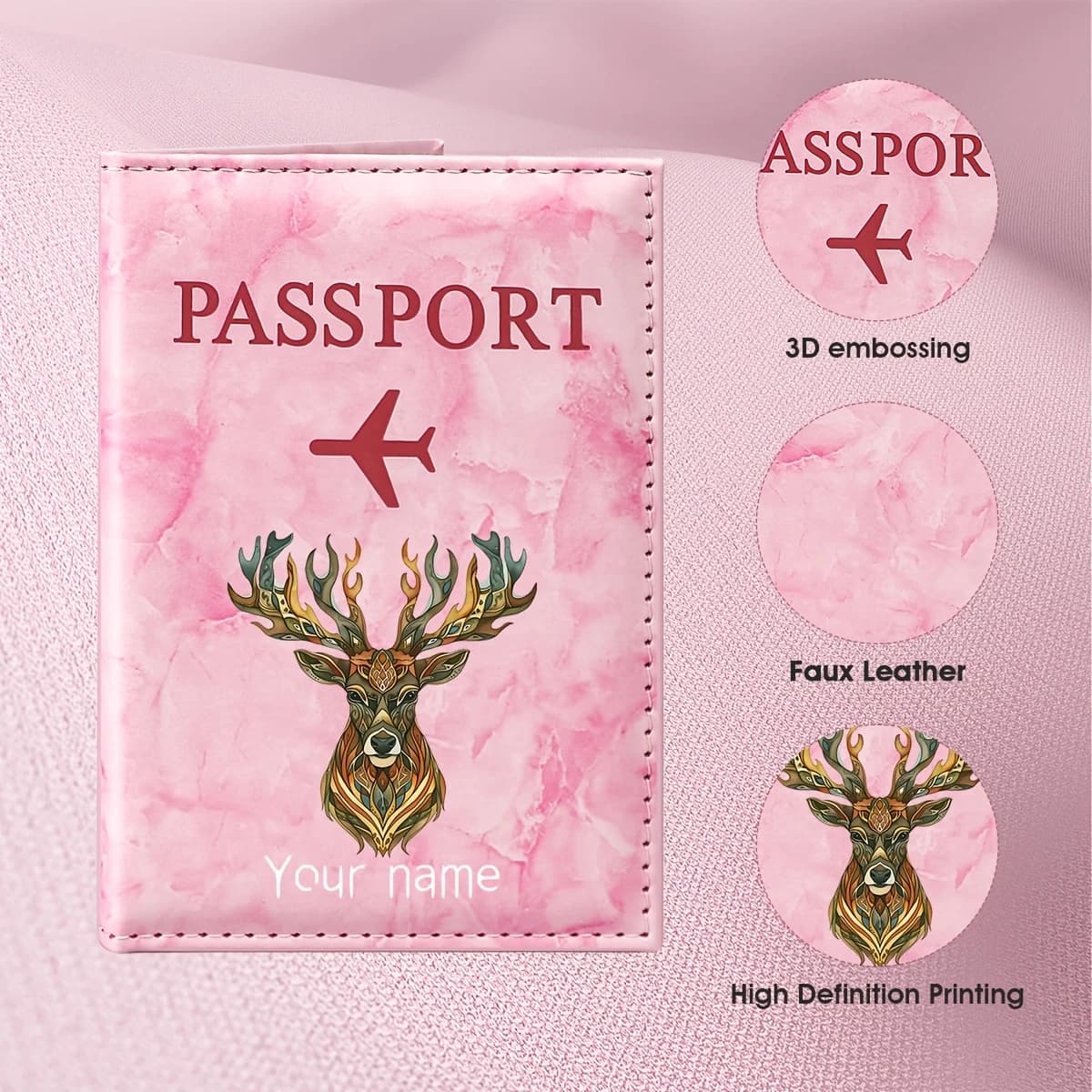 Personalized Name Mysterious Nordic Style Stag Head Crest Design Passport Holder, Golden Antler And Shield Emblem Elements