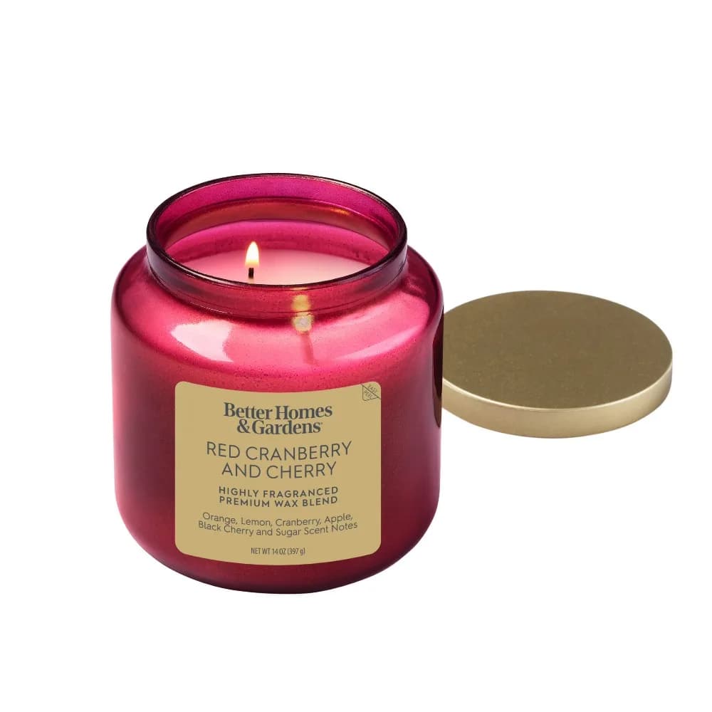 Red Glass Jar Candle with Gold Lid Red Cranberry Cherry Scented Home Decor Fragrance Candle 14 oz
