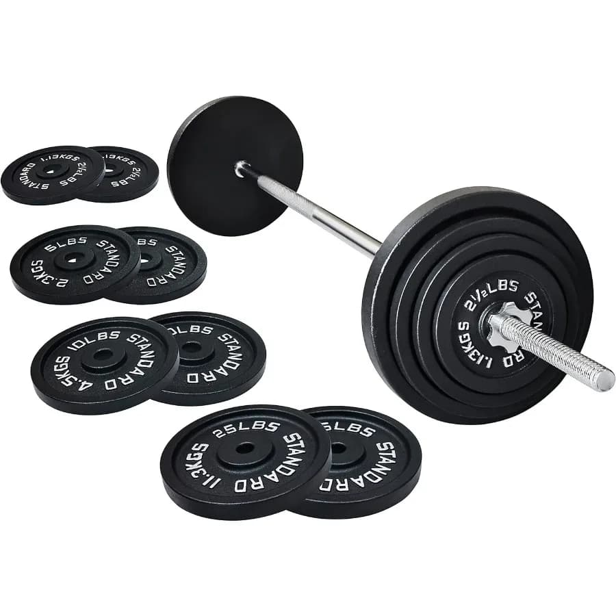 Standard cast iron weight plates including standard 5-foot barbell with star locks, set of 95 pounds (85-pound plates + 10-pound headlight
