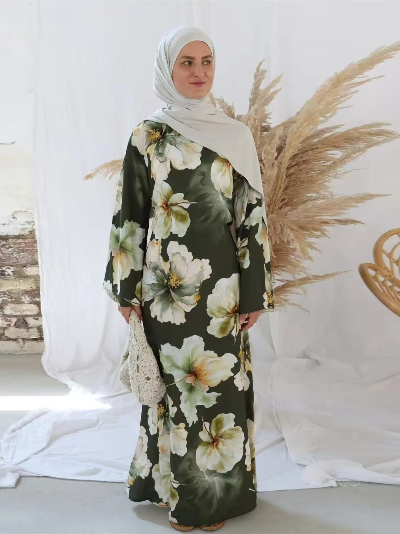 Women's Dress Abaya Flower Dubai Arab Print Msulim Eid Jalabiya Ramadan Dresses Largos Islam Long Sleeved Morocco 2025