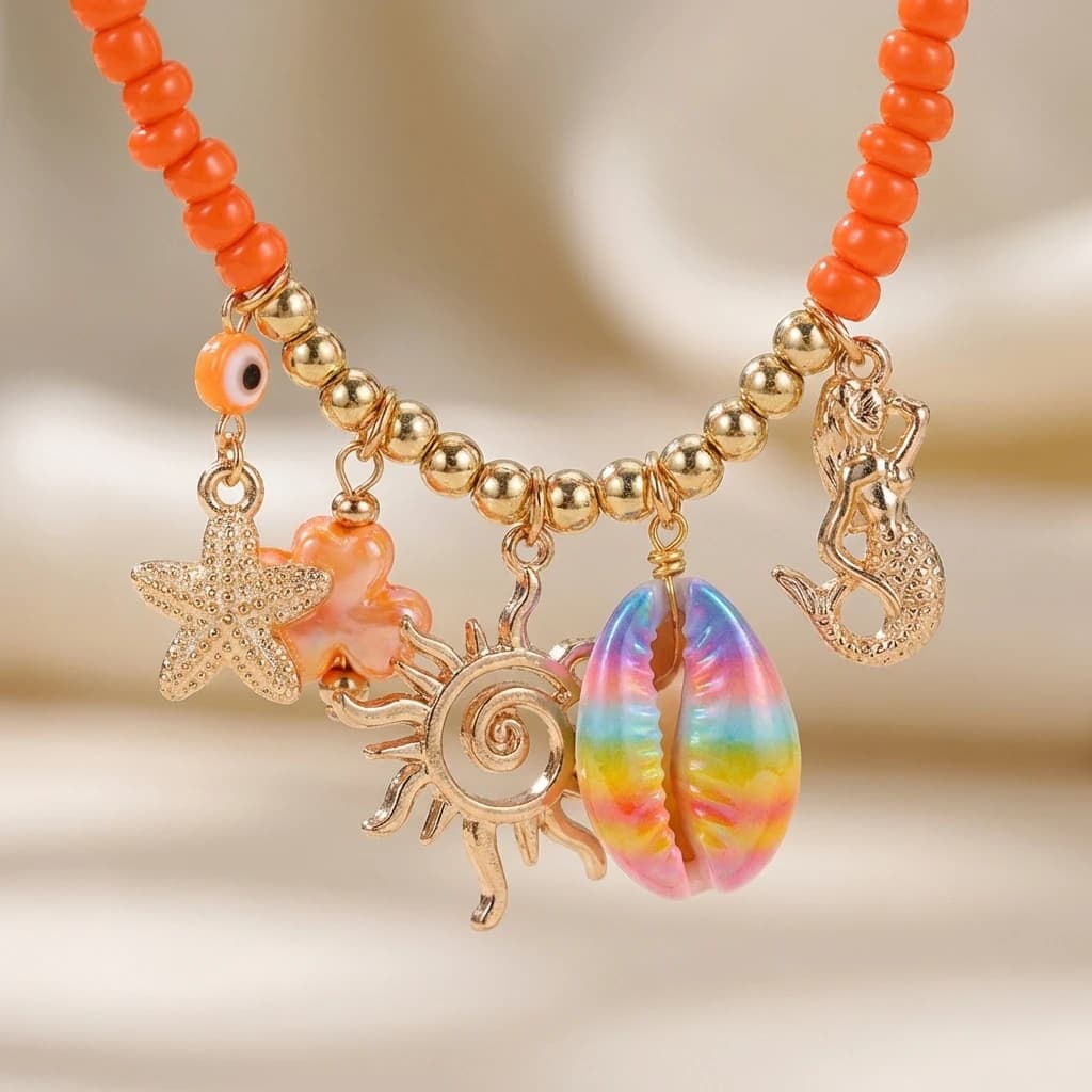 Collana Artigianale Bohemien con Perle di Riso e Ciondolo a Stella Marina in Corallo Rosso per Donna, Gioielli per Feste e Vacanze, Regalo