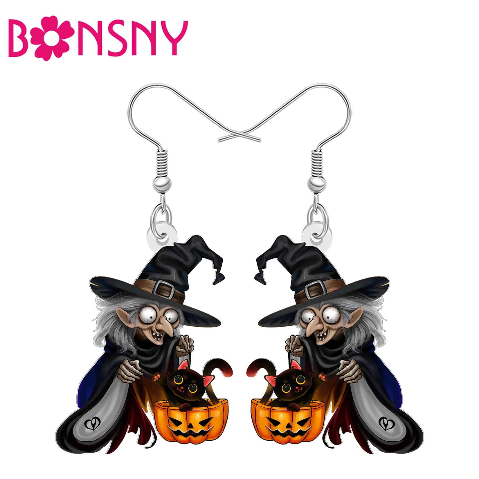 BONSNY Acrylic Halloween Horror Witch Earrings Cat Pumpkin Lantern Dangle Drop Gothic Jewelry Gifts For Women Teens Girls Charms