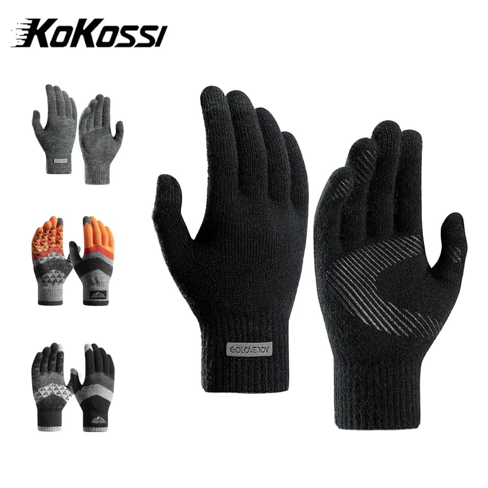KoKossi Autunno Inverno Guanti lavorati a maglia Guanti da uomo in lana di velluto Touchscreen antiscivolo Guanti da corsa per ciclismo all'aperto antivento